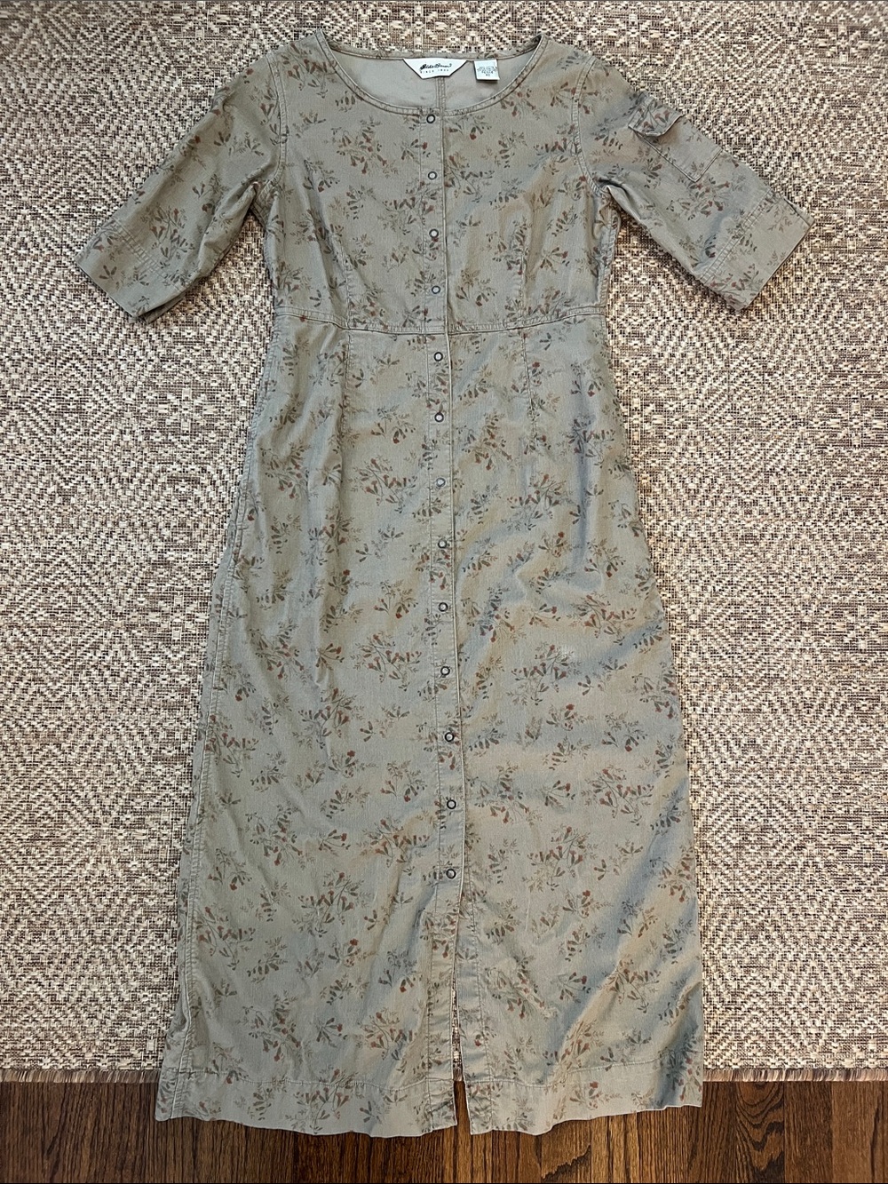 Eddie Bauer Tan Olive Botanical Floral Snap Button-Front Midi Dress